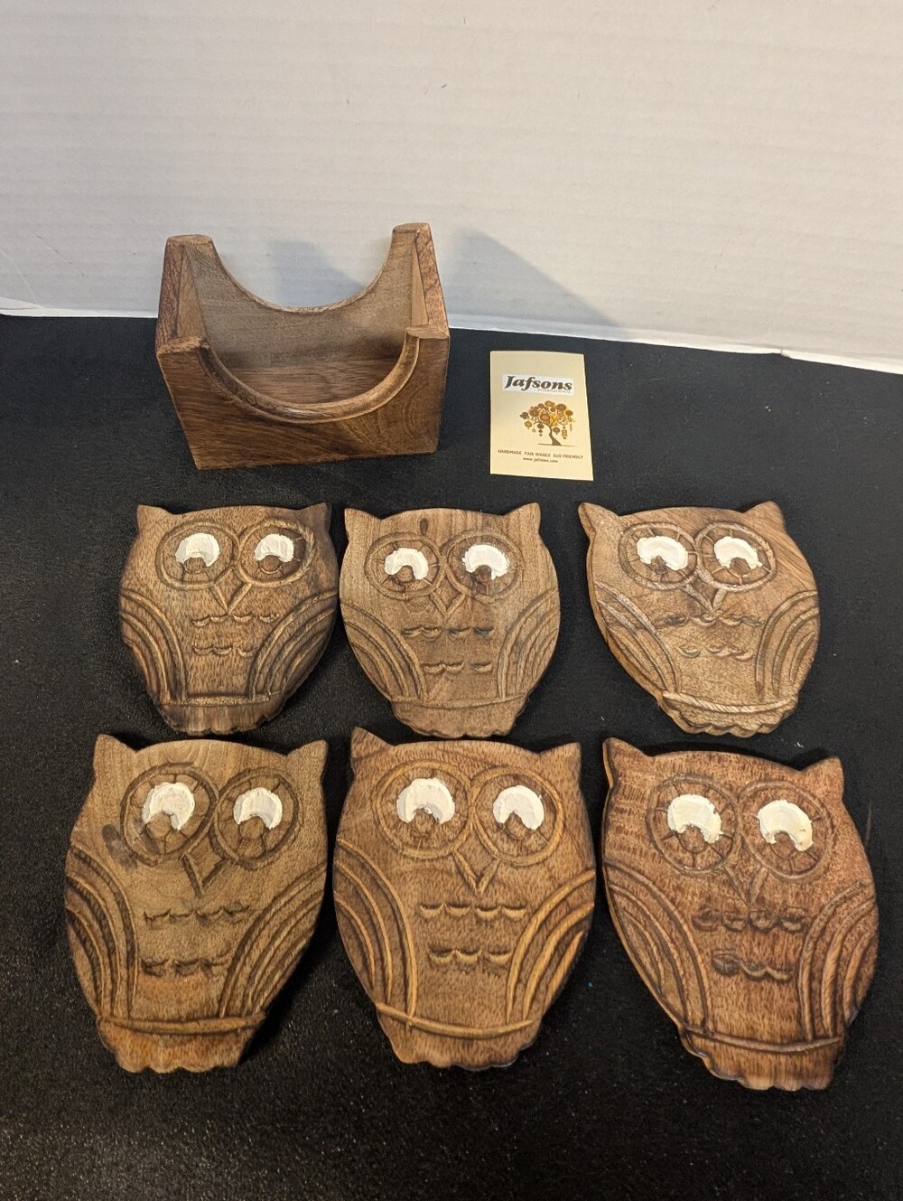 Vintage Owl Mid Century Modern Set Of 6 Hand Carved Wood Coasters With Caddy